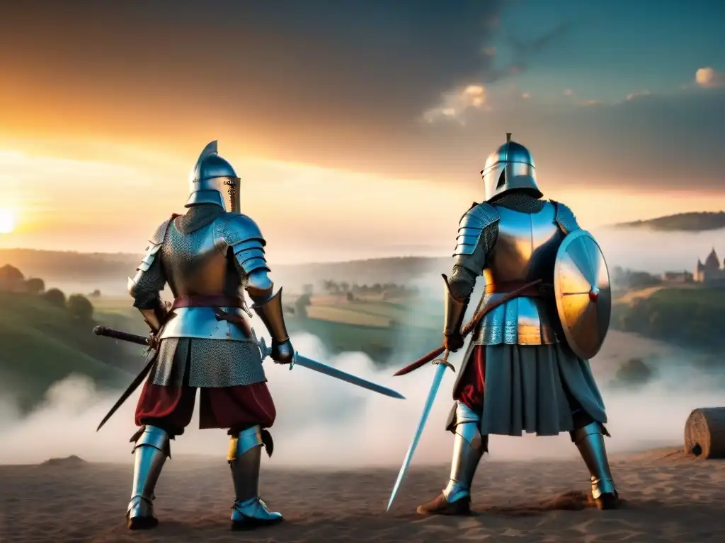 Duelo medieval épico al atardecer: caballeros con espadas Dos caballeros en duelo medieval, con armaduras relucientes y armas en mano, enfrentados al atardecer