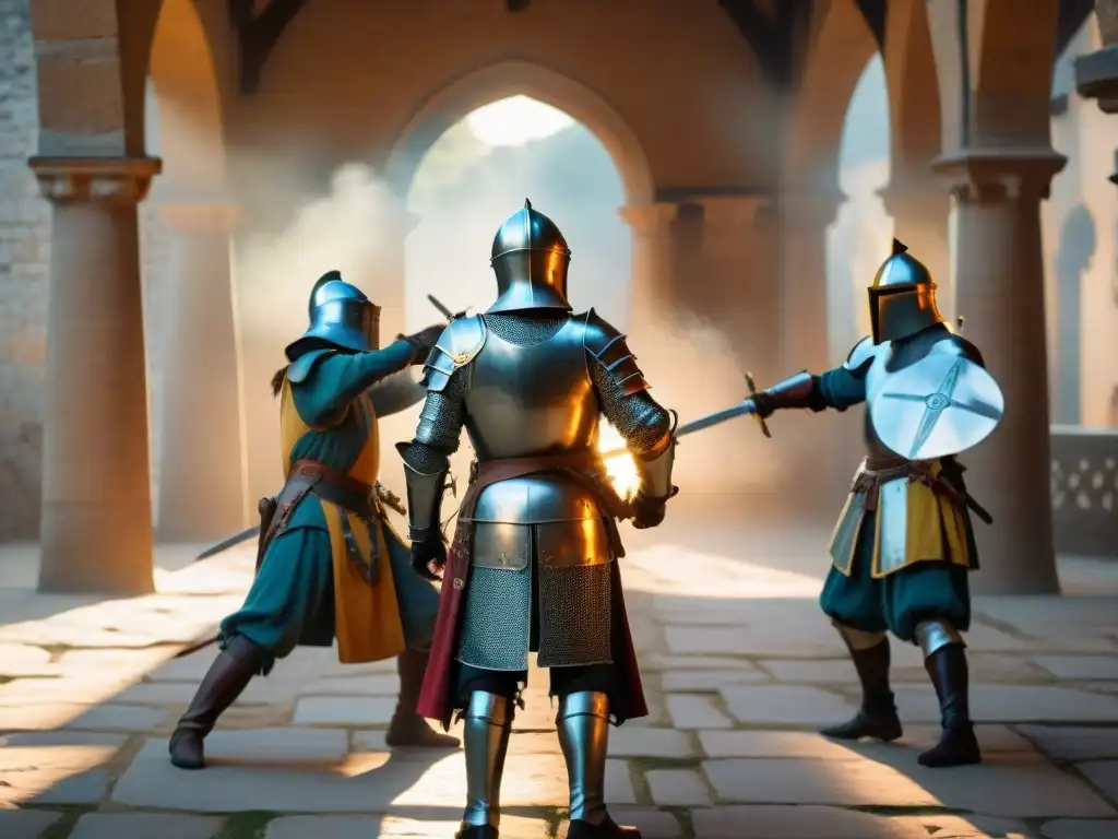 Caballeros practican esgrima en castillo histórico al atardecer, con armaduras y espadas