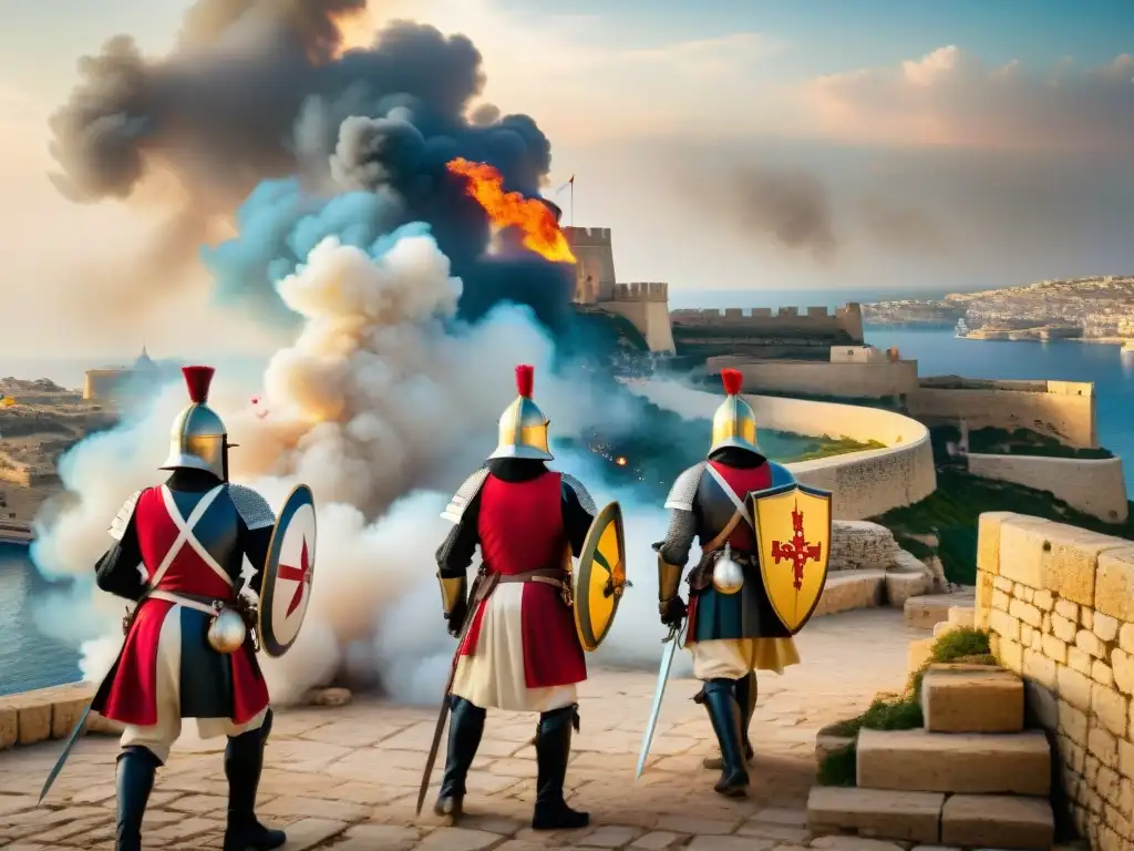 Batalla épica: Caballeros de Malta defendiendo Valletta de los otomanos Caballeros de Malta valientes defienden las murallas de Valletta durante el asedio otomano, mostrando su valor y determinación