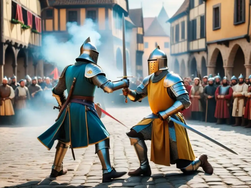 Duelo medieval: Caballeros en combate Dos caballeros medievales en duelo con espadas en una plaza, reflejando el origen de las armas de duelo medieval