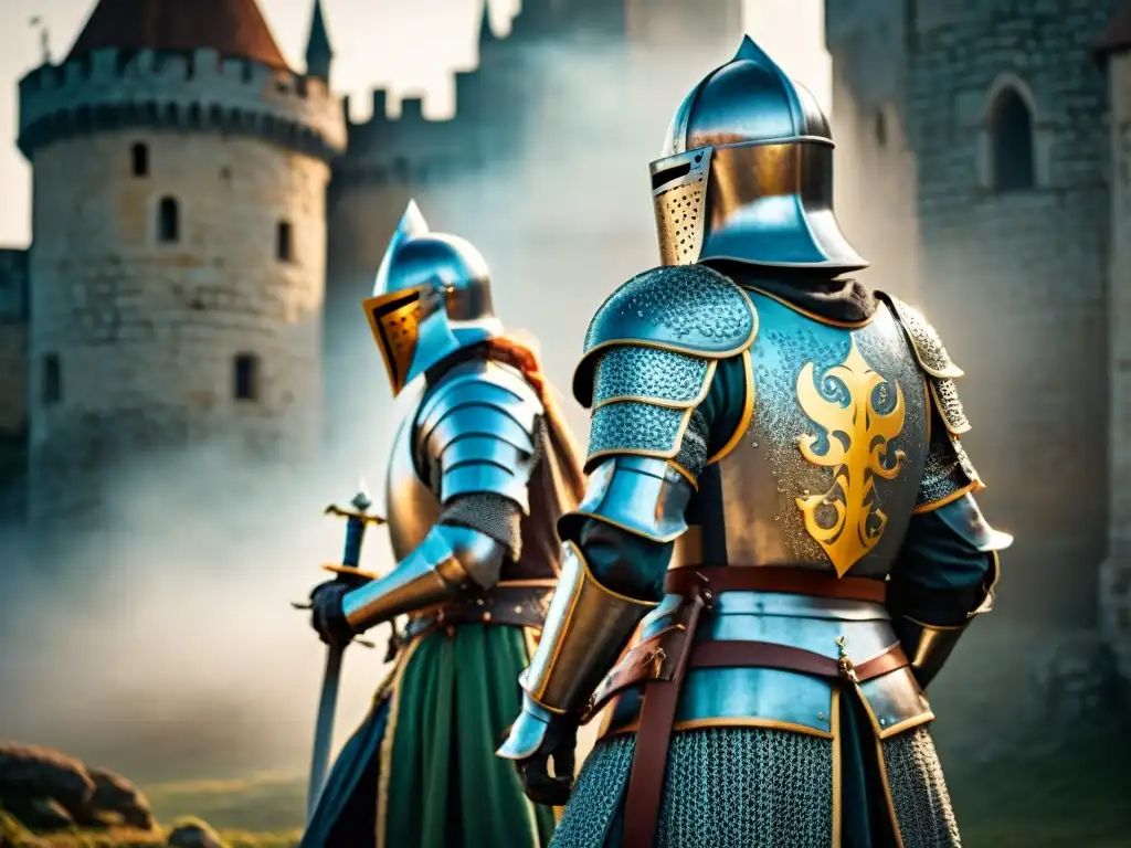 Épica batalla de caballeros medievales en castillo misterioso Dos caballeros medievales en un intenso duelo con armaduras detalladas y espadas largas, frente a un castillo en la niebla