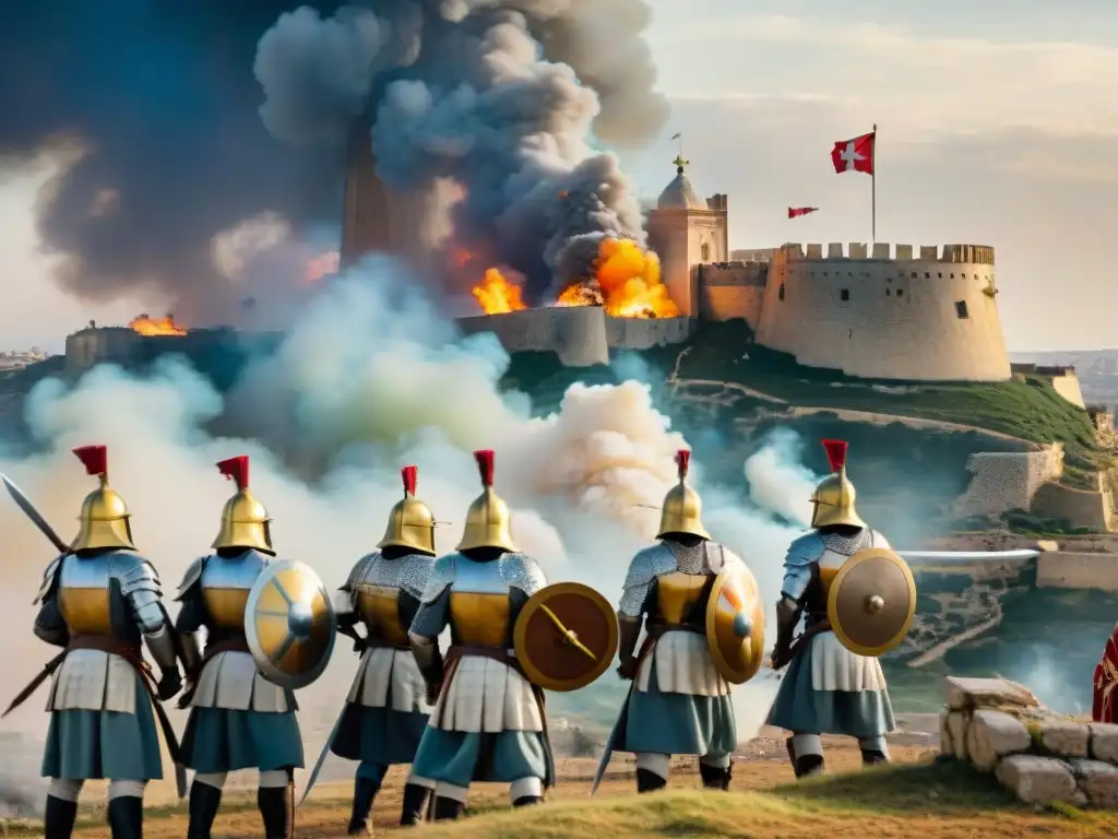 Defensa heroica de Malta: valientes Caballeros en combate Caballeros valientes defendiendo Malta en feroz asedio, con espadas en alto y determinación inquebrantable