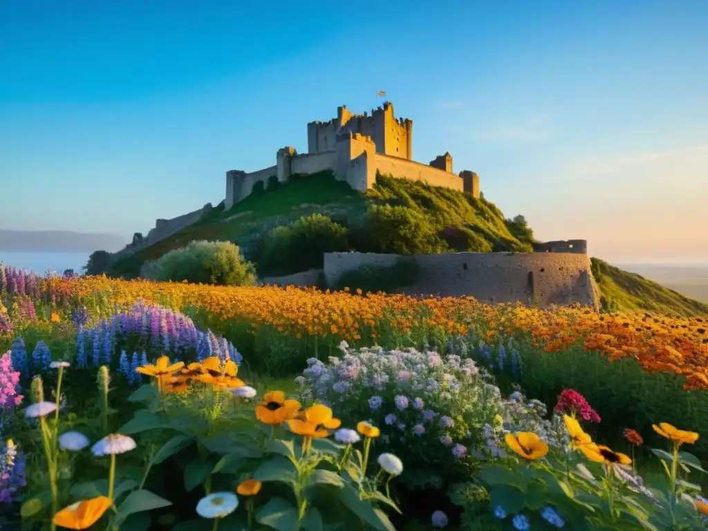 Campo de flores silvestres: Ruinas del castillo y luz del sol Un campo de flores silvestres coloridas se extiende hacia un antiguo castillo en un paisaje encantador y tranquilo bajo el cielo azul