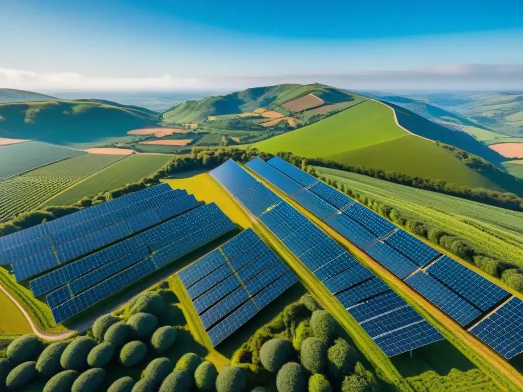 Solar farm: armonía entre tecnología verde y naturaleza Un campo solar extenso brilla bajo el sol en colinas verdes, con paneles alineados en perfecta armonía