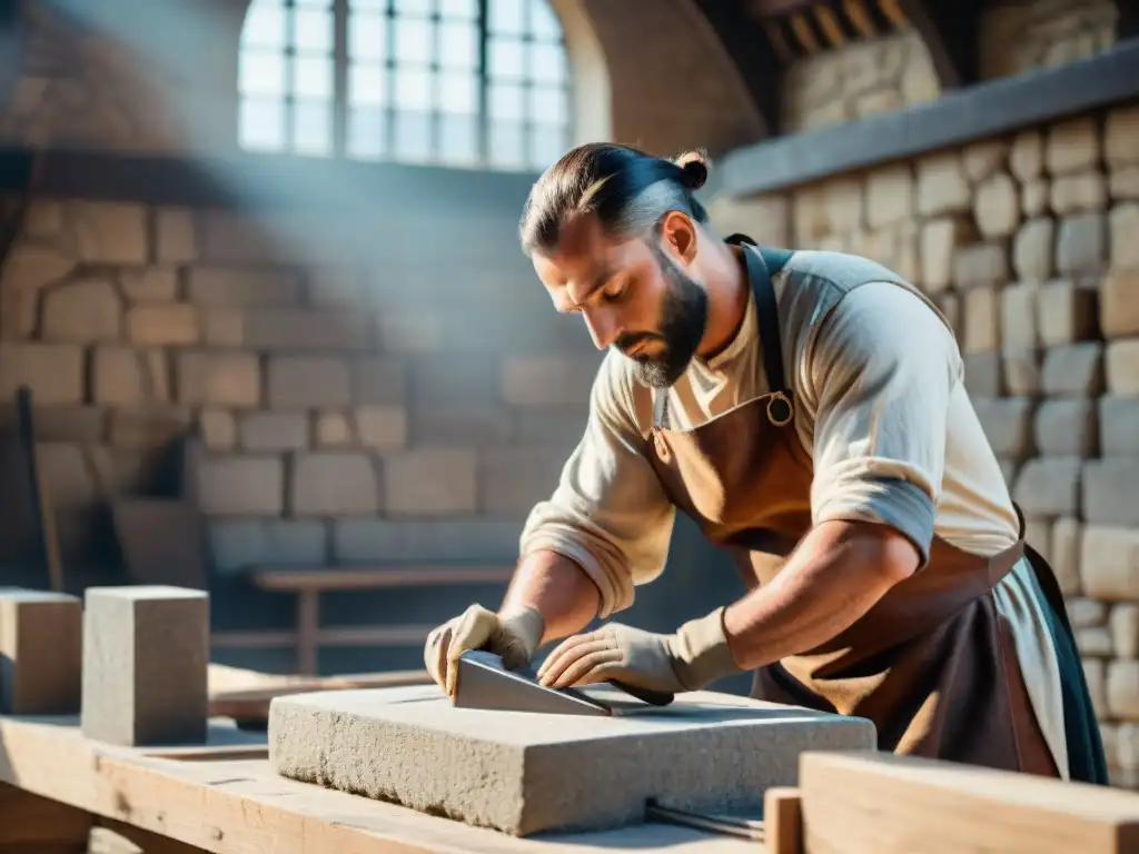 Hábil cantero medieval tallando detalladas figuras en piedra con métodos de construcción de castillos medievales
