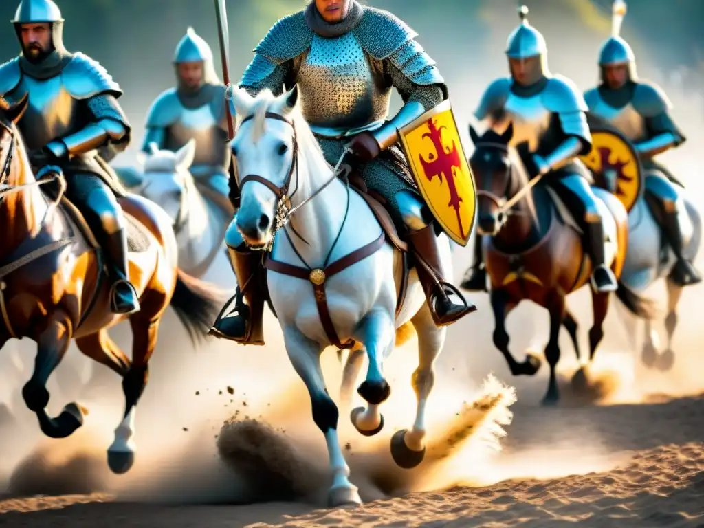 Detalle épico: Caballería medieval en batalla a 8k Una carga de caballería medieval detallada en 8k, mostrando armaduras, armas y tácticas de batalla de los caballeros