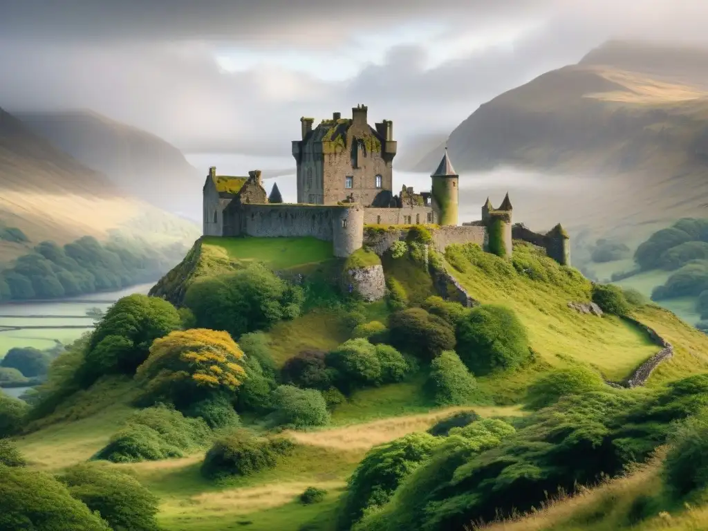 Castillo abandonado en Escocia: misterio y grandeza entre las brumas Castillo abandonado en Escocia, envuelto en misterio y majestuosidad, versos de piedra y niebla