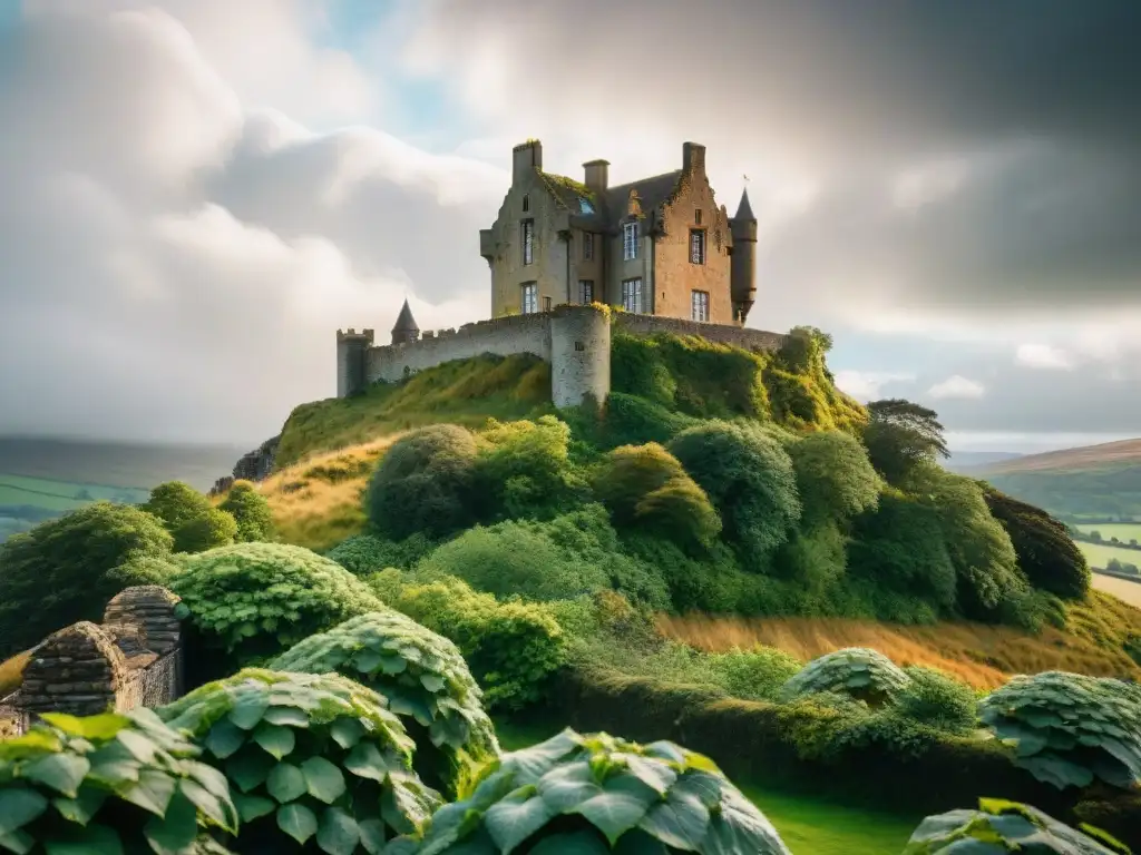 Castillo escocés abandonado: belleza melancólica y misteriosa Un castillo abandonado en Escocia, sus muros de piedra enfrentan un cielo dramático con nubes