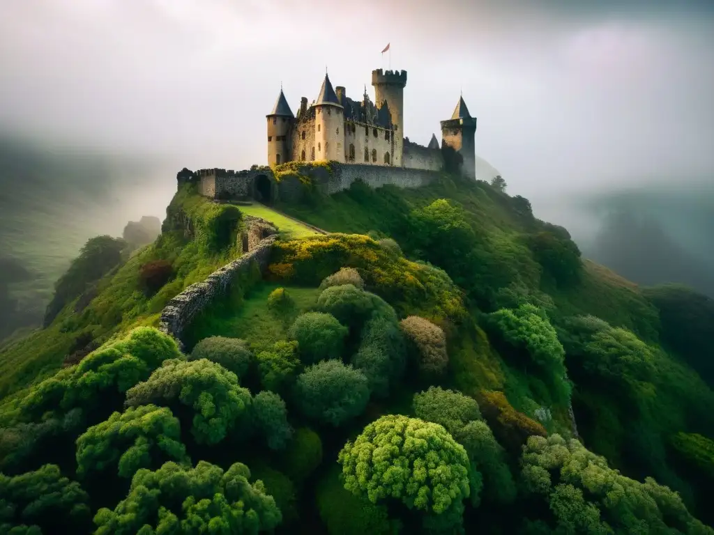 Castillo abandonado del siglo XXI envuelto en niebla, con muros de piedra en ruinas y torres altas, bajo un cielo ominoso