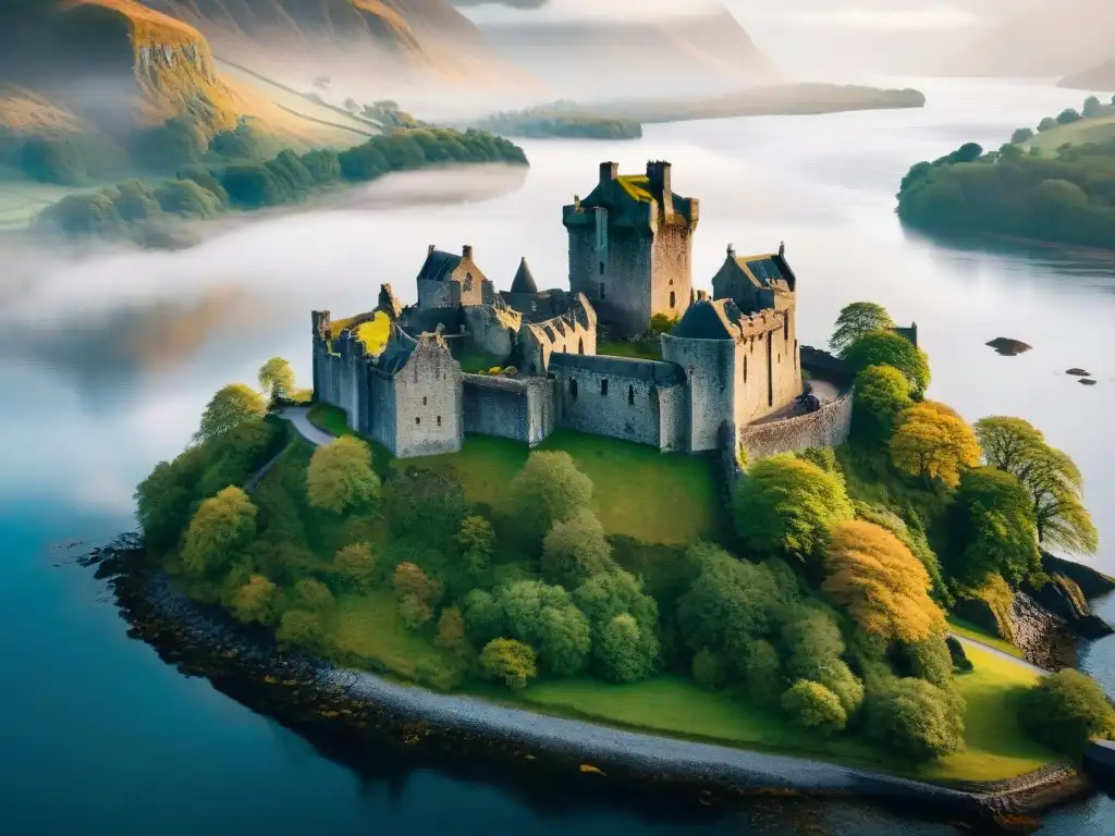 Esplendor místico: Ruinas del Castillo Eilean Donan en Escocia Castillo abandonado en Escocia, versos de piedra entre montañas brumosas y lago sereno