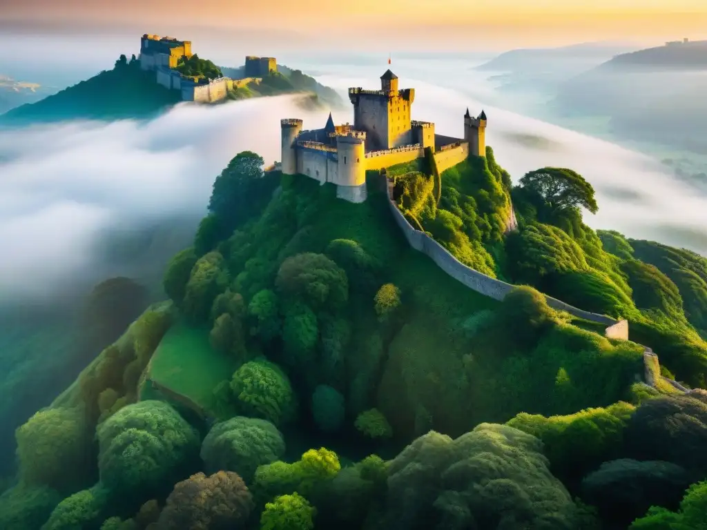 Castillo en la cima: majestuosidad y misterio al amanecer Castillo en alturas impresionantes envuelto en neblina al amanecer, revelando su grandeza histórica