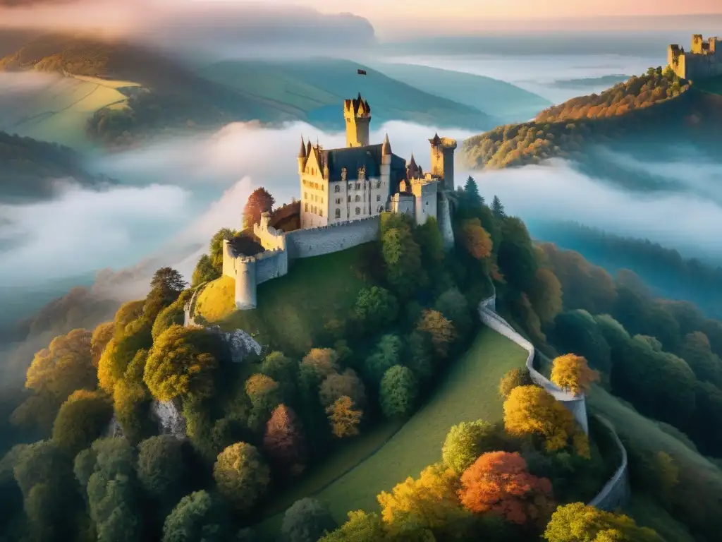 Castillo ancestral: misterio y magia en el acantilado Castillo ancestral en acantilado, rodeado de valles brumosos y bosques densos al atardecer
