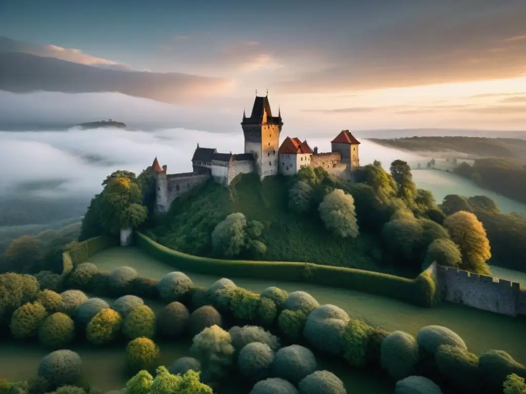 Un castillo ancestral envuelto en misterio y niebla, con una atmósfera sobrenatural