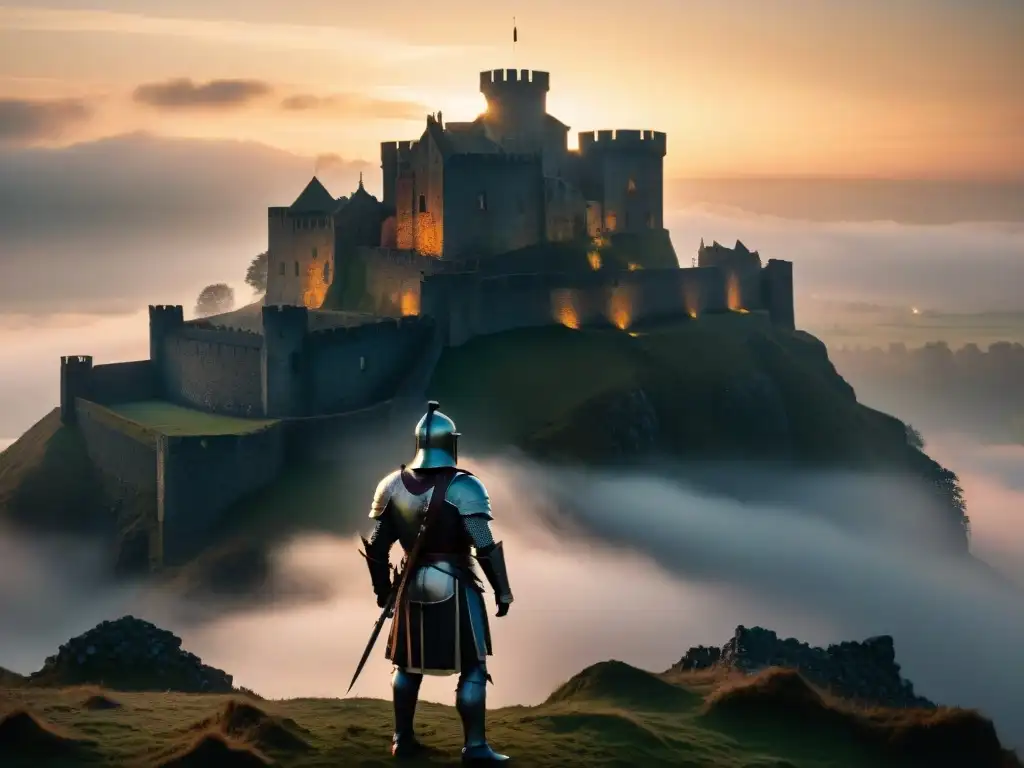 Un castillo ancestral envuelto en misterio y niebla al anochecer