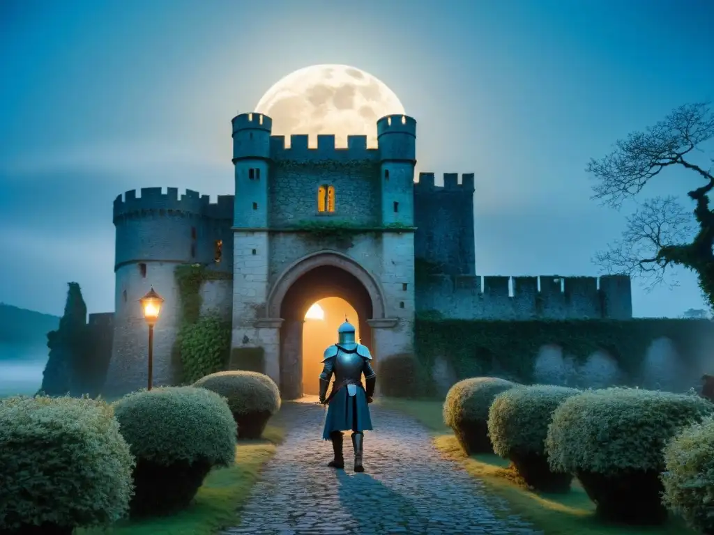 Un castillo ancestral envuelto en niebla al anochecer, con sombras inquietantes y la luna llena de fondo