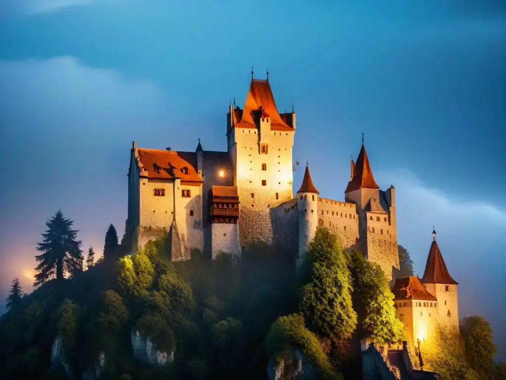 Un castillo ancestral iluminado por la luna en medio de una mística niebla, evocando encuentros sobrenaturales