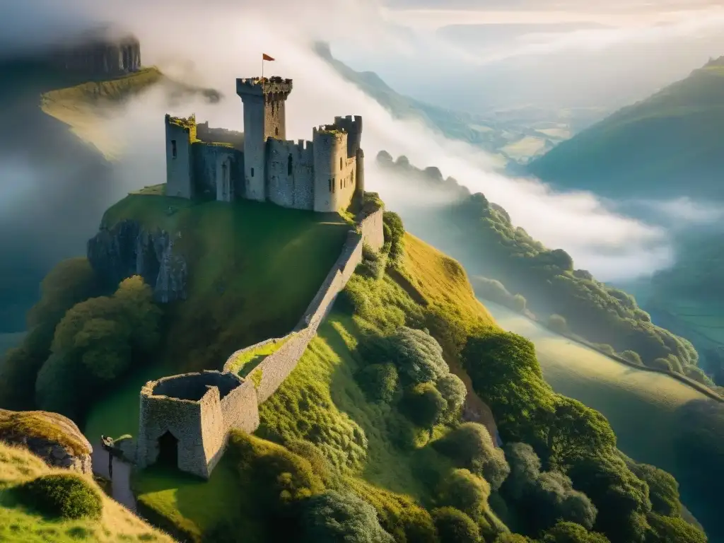Castillo antiguo en acantilado con vista a valle, envuelto en niebla y misterio