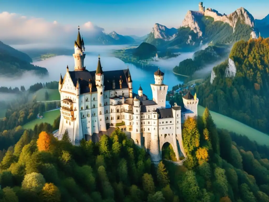 Castillo de Neuschwanstein al atardecer: detalle en 8k Castillo antiguo en Alemania al atardecer, reflejado en lago sereno