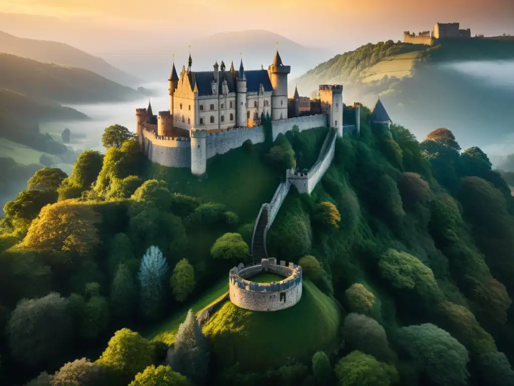 Un castillo antiguo en un bosque misterioso, con símbolos místicos y un tesoro escondido esperando ser descubierto