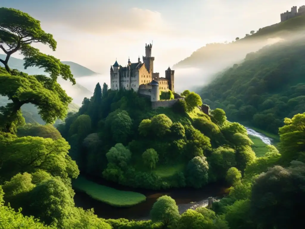 Castillo antiguo entre bosque verde: historia y naturaleza en armonía Un castillo antiguo emerge entre un bosque verde, con certificaciones verdes castillos impacto