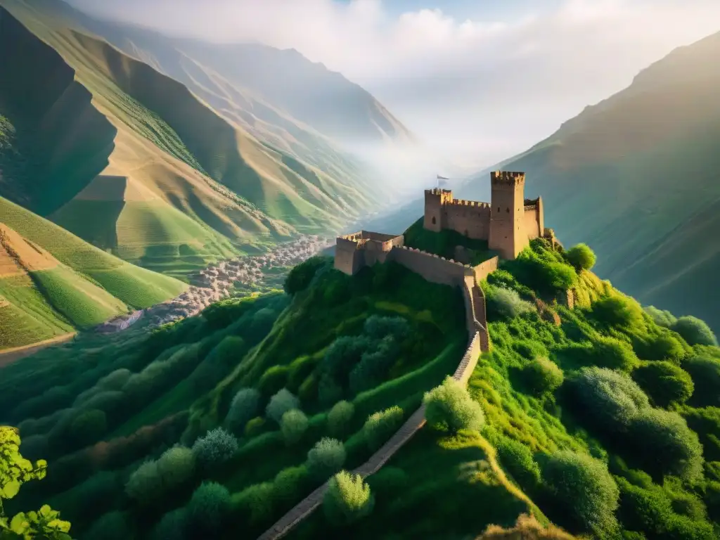 Castillo antiguo de Alamut en la cima de un acantilado, rodeado de montañas brumosas y misterios arquitectónicos