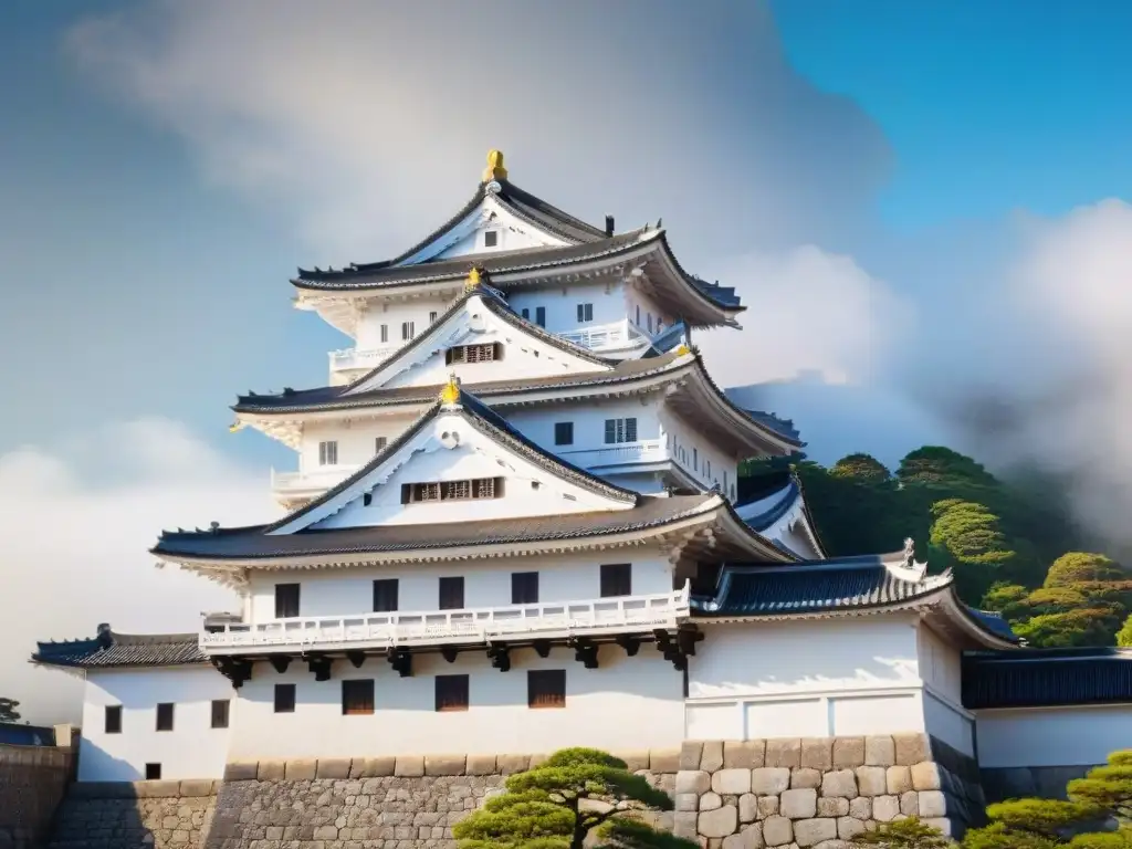 Castillo antiguo en Japón, detalle arquitectónico y misterioso con diseño intrincado y blanco resplandeciente al sol