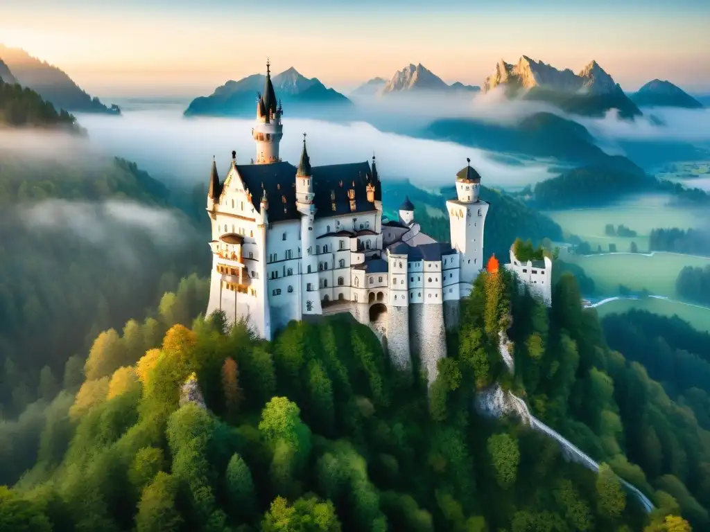 Castillo antiguo envuelto en misterio y majestuosidad al amanecer