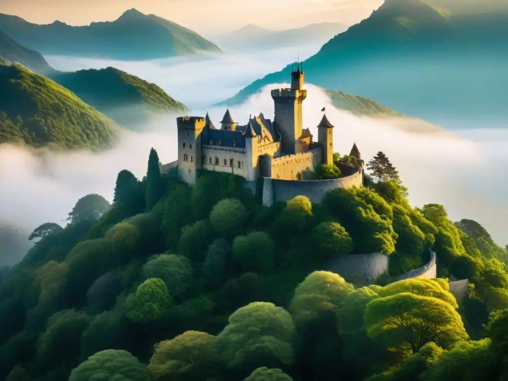 Un castillo antiguo y escondido entre bosques verdes y montañas brumosas