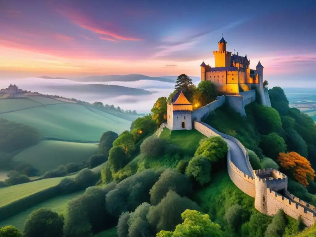 Un castillo antiguo iluminado con luz ecológica, resaltando su belleza y grandiosidad
