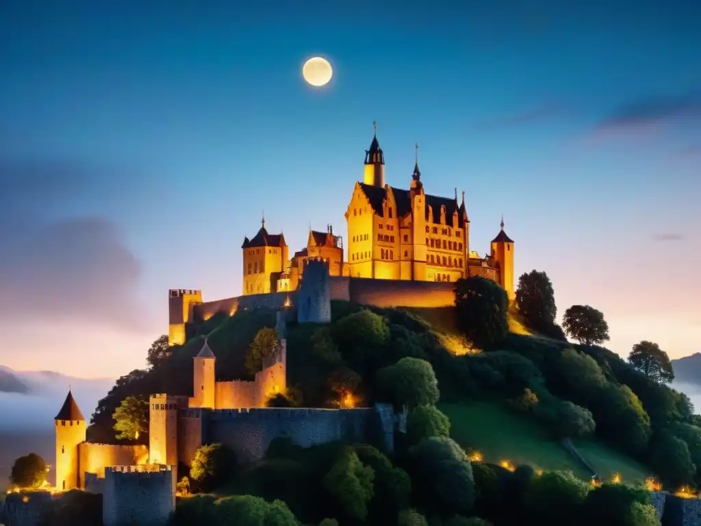 Iluminación ecológica en castillo antiguo: majestuosa fortaleza iluminada por LED eco, bajo la noche estrellada