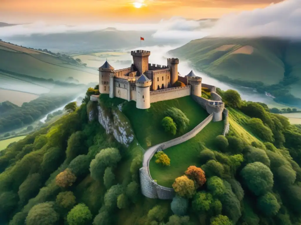 Castillo ancestral en el acantilado al atardecer: exploración con dron Un castillo antiguo majestuoso en un acantilado, rodeado de exuberante vegetación y con vista a un valle