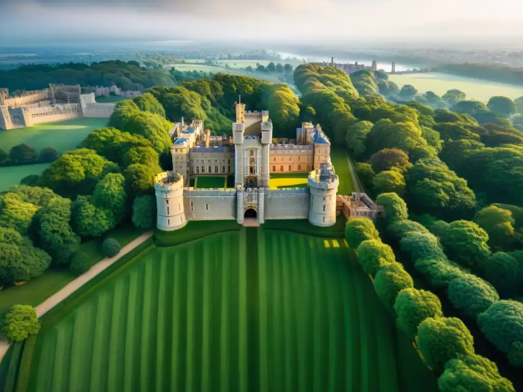 Castillo antiguo revelando misterios arquitectónicos en Windsor, con torres majestuosas y paredes de piedra
