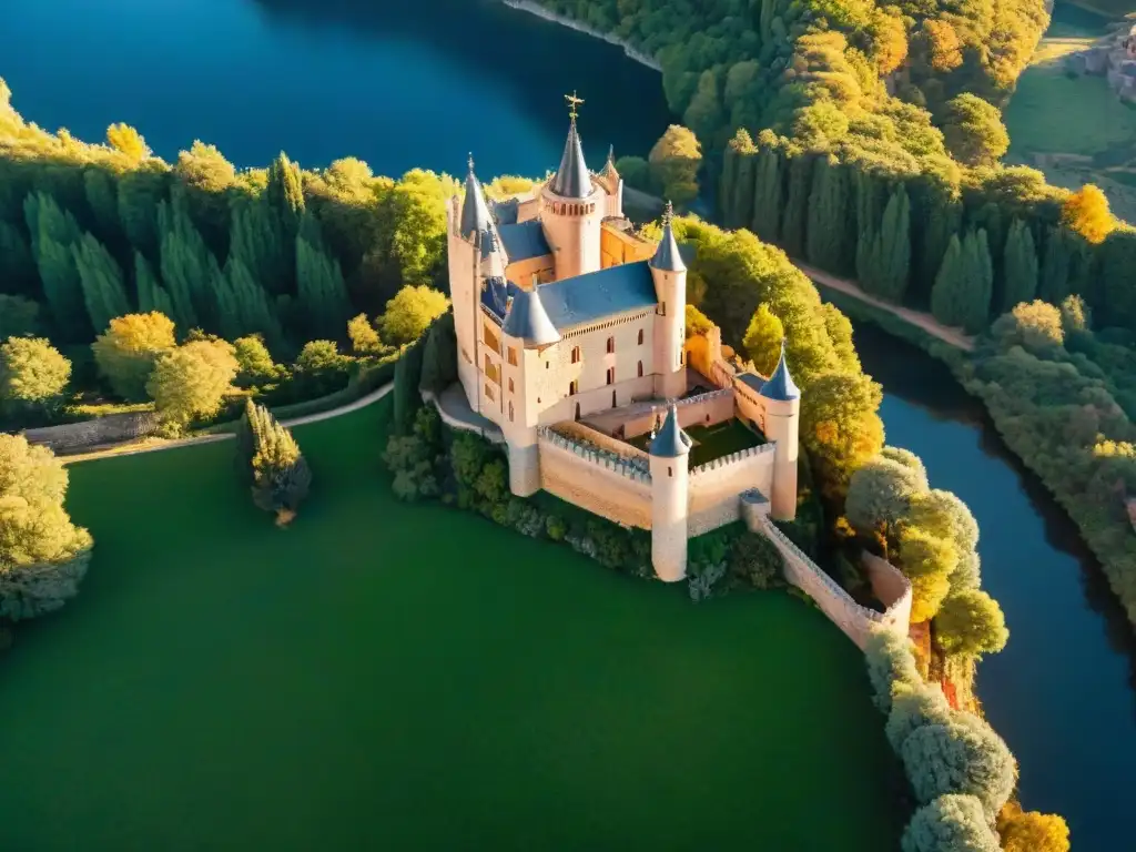 Un castillo antiguo y misterioso en un acantilado al atardecer, mostrando su arquitectura única