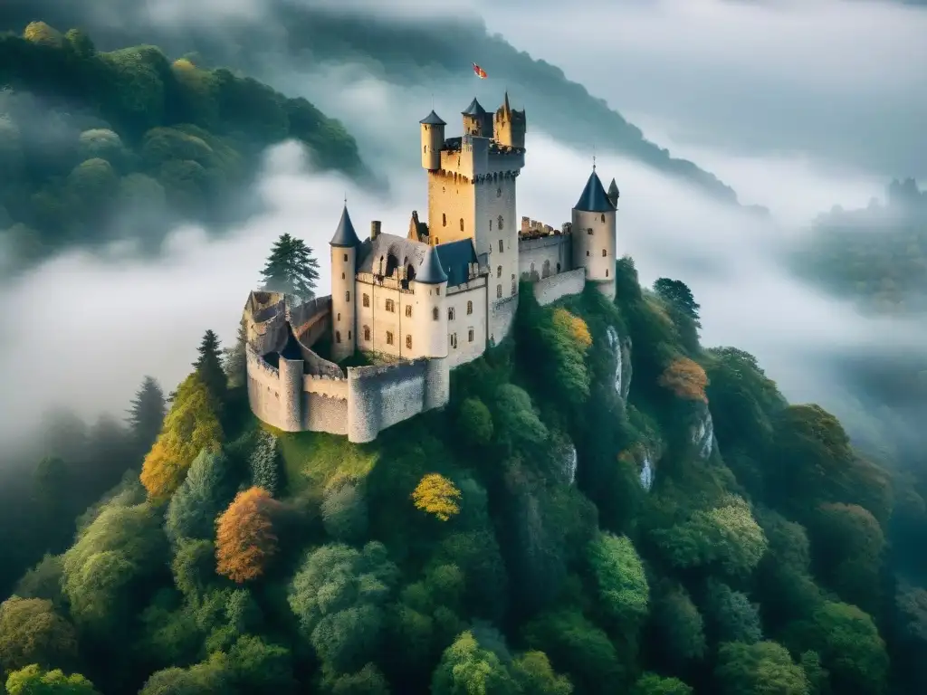 Castillo antiguo en la niebla: misterio y historia Castillo antiguo y misterioso envuelto en niebla sobre un acantilado, con bosque oscuro