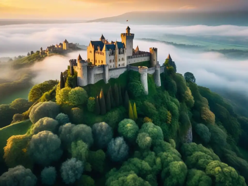 Castillo ancestral: majestuosidad dorada entre la naturaleza exuberante Castillo antiguo rodeado de vegetación, capturado por dron al atardecer