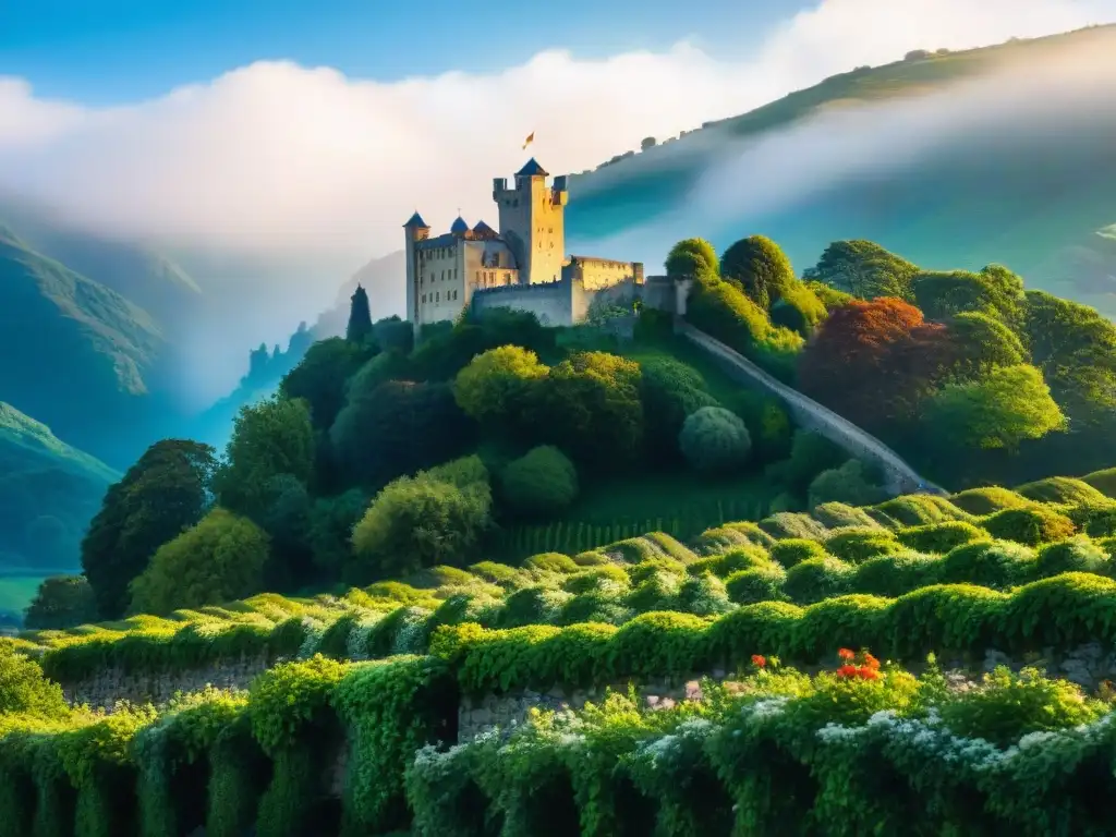 Castillo antiguo entre vegetación exuberante y cielo azul Un castillo antiguo rodeado de naturaleza exuberante, resaltando la sostenibilidad en castillos históricos