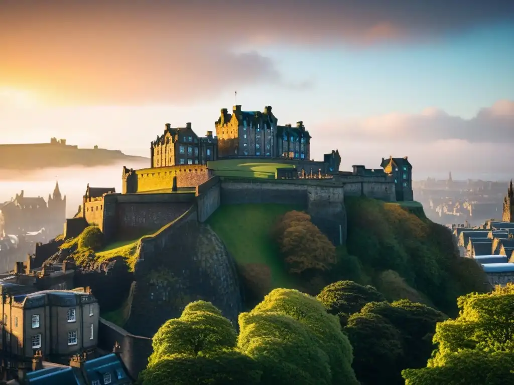 Castillo antiguo en silueta majestuosa al atardecer, iluminado por el sol