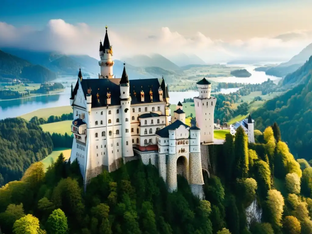 Castillo Neuschwanstein: majestuosidad en Alemania Castillo antiguo en Alemania con torres imponentes, rodeado de naturaleza y reflejando historia y belleza
