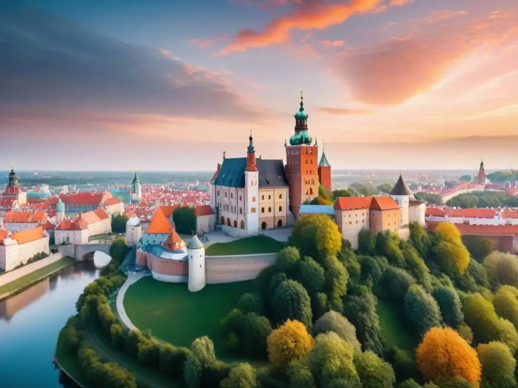 Castillo de Wawel al atardecer: majestuosa arquitectura gótica en 8k Castillo de Wawel al atardecer en Polonia: majestuosa arquitectura gótica iluminada por cálida luz dorada y reflejada en el río Vístula