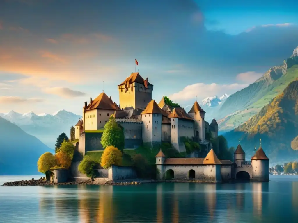 Castillo de Chillon al atardecer en Suiza, rodeado de neblina y con los Alpes nevados de fondo
