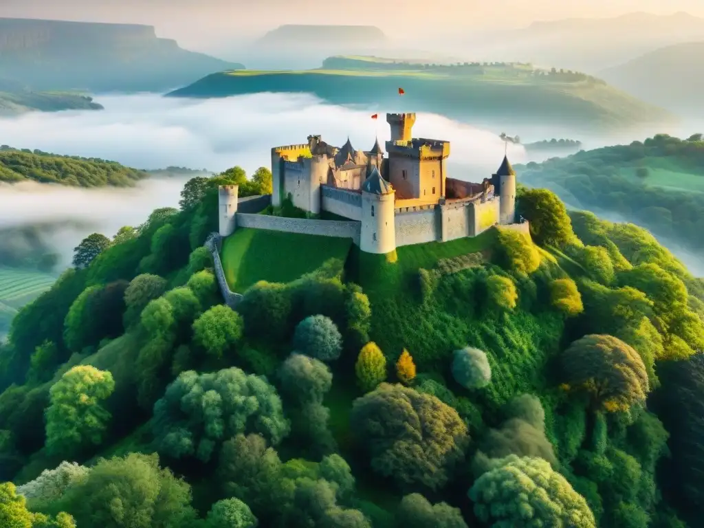 Castillo centenario en bosque verde: fusión histórica y natural Castillo centenario integrado en un exuberante bosque, ejemplo de construcción ecológica en castillos
