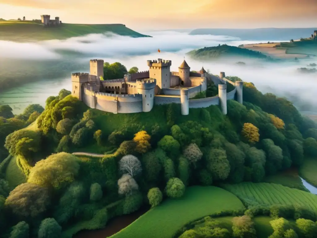 Castillo centenario en el bosque: armonía histórica y natural Castillo centenario rodeado de bosques verdes, arroyo y puesta de sol