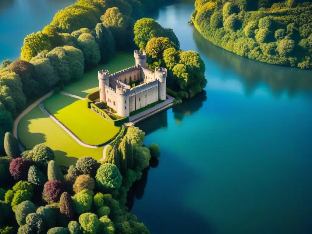 Castillo medieval rodeado de verdor: majestuosidad en alta resolución Castillo centenario rodeado de vegetación exuberante y agua cristalina, desafíos mantener castillo propiedad privada