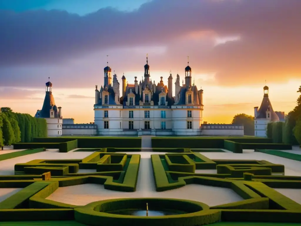Esplendor renacentista en Château de Chambord al amanecer Castillo de Chambord al amanecer, resaltando su arquitectura renacentista y vistas panorámicas