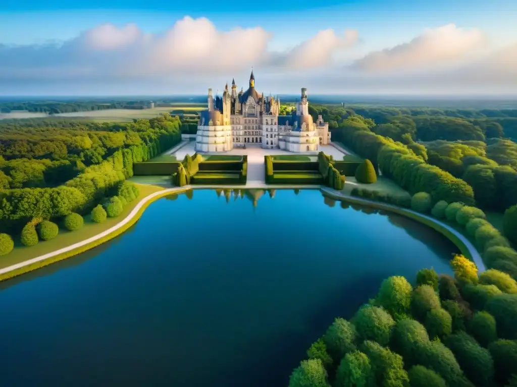 Castillo de Chambord: majestuosidad renacentista en medio de la naturaleza Castillo de Chambord rodeado de bosques verdes bajo un cielo azul, reflejando la energía y belleza del castillo renacentista