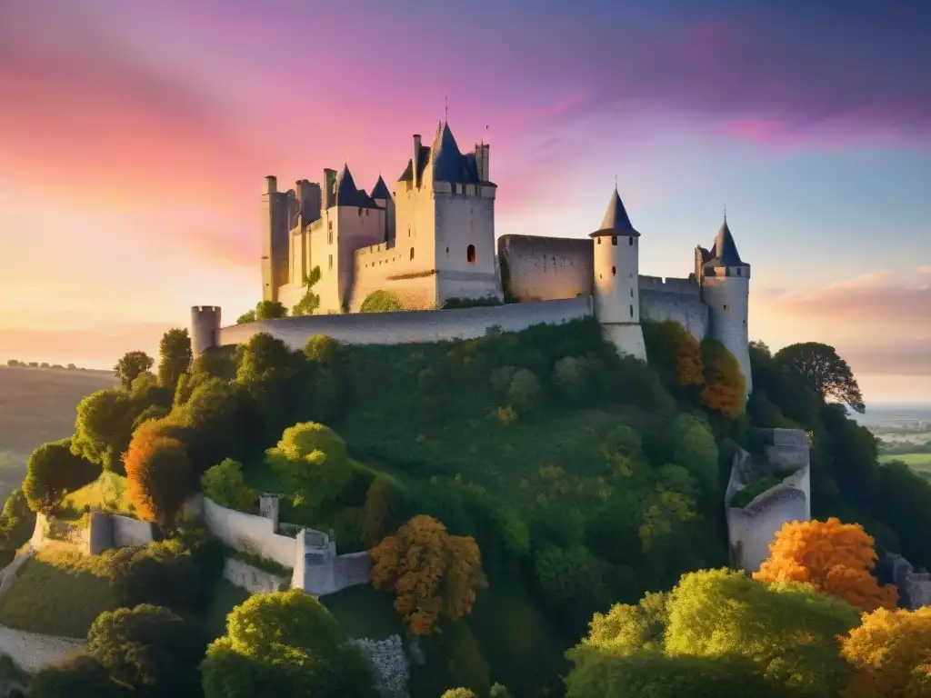 Puesta de sol en el Castillo de Chinon: historia y belleza Castillo de Chinon al atardecer, resplandeciendo en tonos naranja, rosa y morado, evocando la época de Juana de Arco