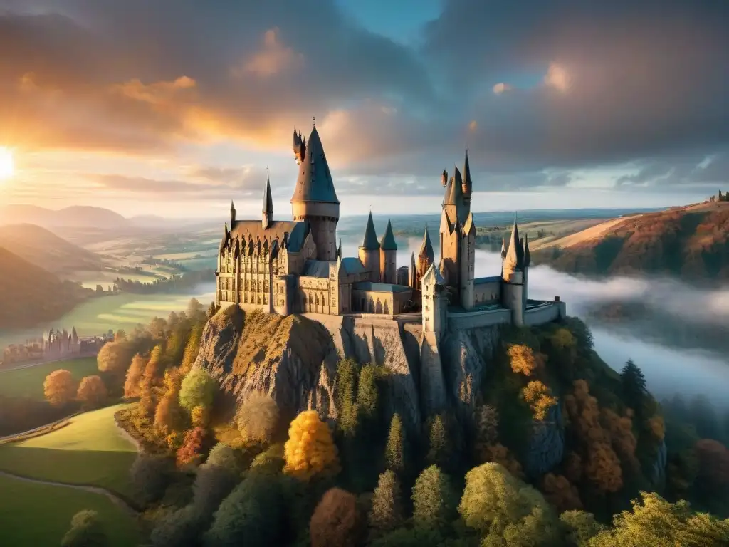 Un castillo de Hogwarts detallado se alza majestuoso en colinas al atardecer, resaltando su magia
