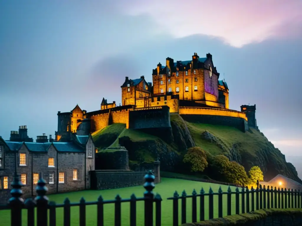 Castillo de Edimburgo envuelto en niebla con misteriosas sombras bajo la luz de la luna