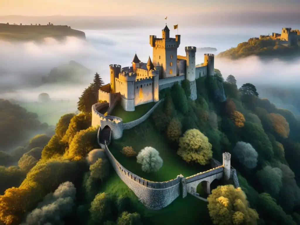 Majestuoso castillo en acantilado, envuelto en misterio y magia Un castillo encantado en un acantilado, rodeado de bosques brumosos y misterio, con símbolos místicos y sombras en sus torres