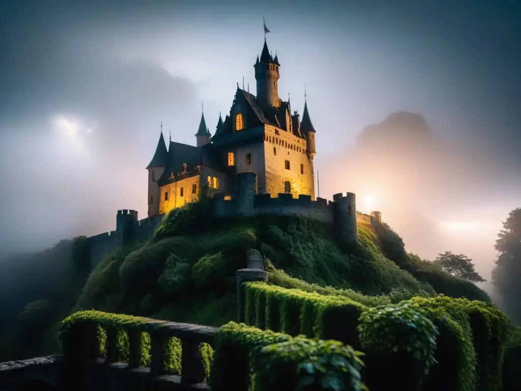 Castillo encantado en la niebla, con muros de hiedra y torres antiguas, evocando misterio y magia